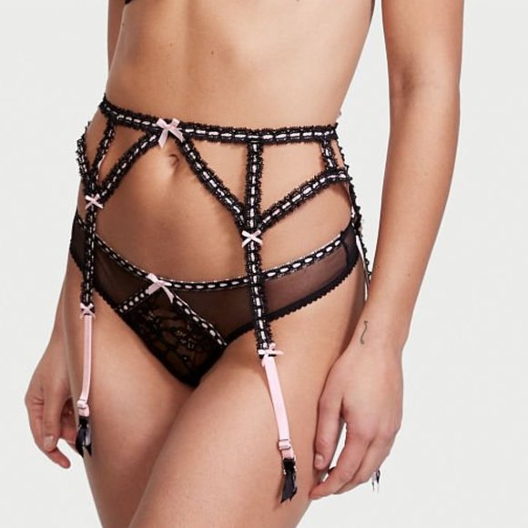 VS M/L Ribbon Slot Garter Belt Black and Pink Incredibly Sexy NWT - Picture 2 of 5